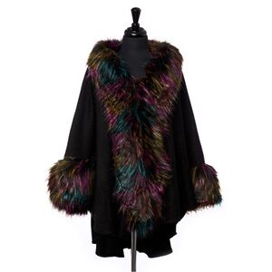Multicolor Faux Fur Trimmed Women's shawl sweater